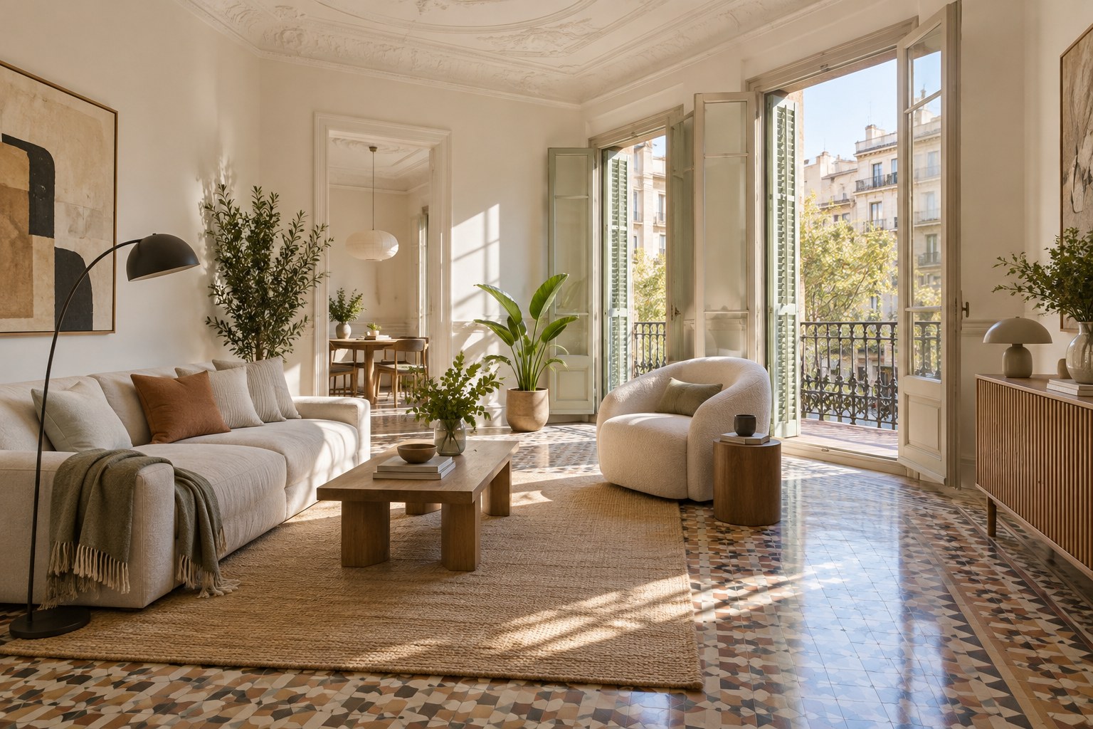 Interior visualisation with patterned floors, tall windows and Mediterranean light